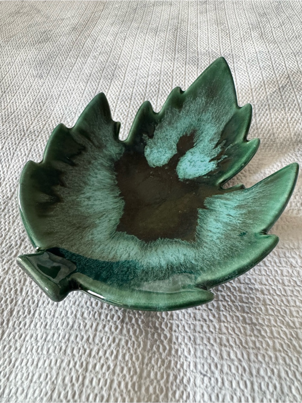 Vintage Canadian Art Pottery Green Maple Leaf Dish Drip Glaze Made in Canada